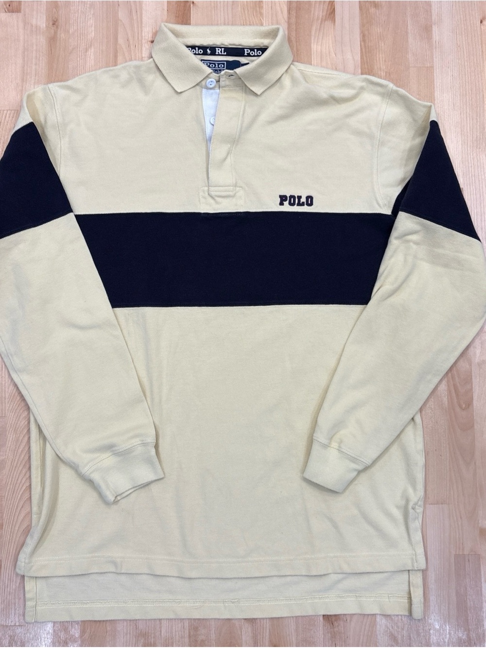 Vtg Polo Ralph Lauren Mens Long Sleeve Rugby Shirt Yellow Navy Size M Y2K 90s